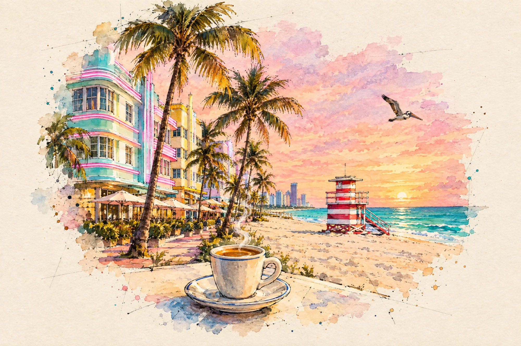 Hand-drawn ink and watercolour sketch of Miami Beach: a Cuban coffee, Art Deco hotels, palms and the Atlantic